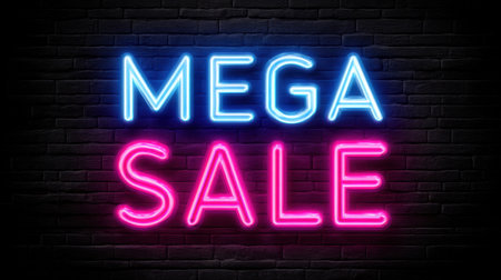 An eye-catching neon sign that reads "Mega Sale" in bright blue and pink lights against a dark brick wall, perfect for retail promotions.の素材
