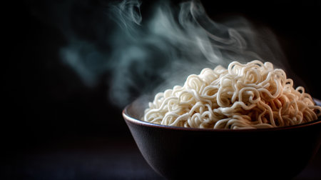A steaming bowl of noodles emerges from darkness, creating a cozy ambiance perfect for a comforting meal. Experience culinary delights.の素材