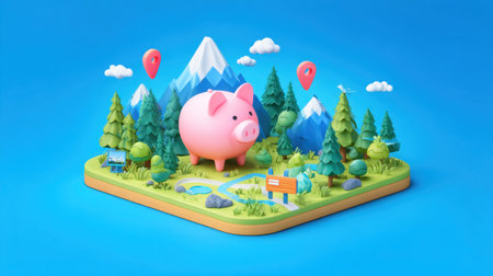 A captivating scene featuring a whimsical pink piggy bank set against vibrant mountains and lush greenery, creating a joyful atmosphere.の素材