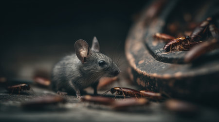 A tiny mouse curiously observes cockroaches in a dimly lit environment, highlighting the details of its fur and the insects around.の素材