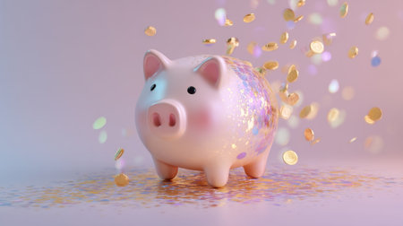 A charming glittering piggy bank stands amidst a shower of shiny coins, symbolizing savings, prosperity, and financial growth.の素材