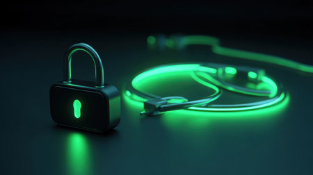 A glowing green padlock with neon light cables set against a dark background symbolizes security and digital protection in modern technology.の素材