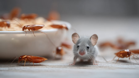 A curious gray mouse explores a wooden surface, surrounded by cockroaches and a bowl of food, creating a unique perspective on nature.の素材