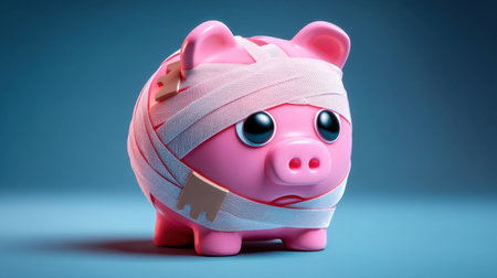 A whimsical illustration of a pink piggy bank wrapped in bandages, symbolizing the challenges of saving money and overcoming financial setbacks.の素材
