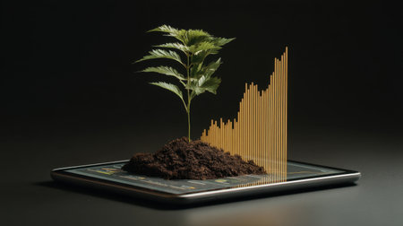 This image captures the essence of growth and investment, showcasing a green plant rising from rich soil atop a digital tablet with a rising financial chart, symbolizing prosperity and sustainable development in a tech-driven world.の素材