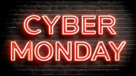 A striking neon sign for Cyber Monday shines against a dark brick wall, ideal for highlighting promotions and attracting shoppers during sales events.の素材