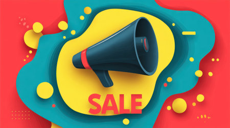 Vibrant illustration of a loudspeaker announcing a sale, set against a colorful background. Ideal for marketing and promotional materials.の素材