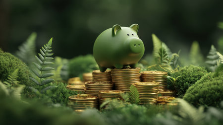 A vibrant green piggy bank sits atop a stack of golden coins surrounded by lush ferns, symbolizing financial growth and eco-conscious savings in a serene natural environment.の素材