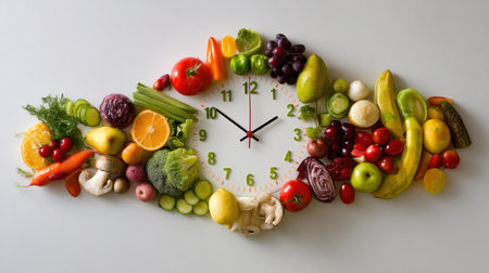 This artistic representation features a clock made from a variety of colorful fruits and vegetables, symbolizing healthy eating and wellness.の素材