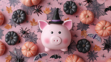 A charming pink piggy bank wearing a witch hat is surrounded by pumpkins, spiders, and bats, creating a playful Halloween scene. Perfect for festive decor!の素材