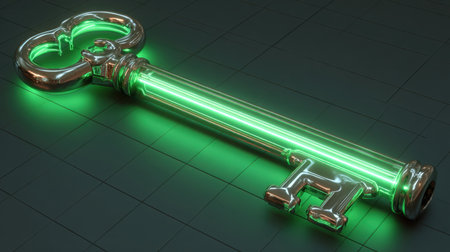 This stunning image features a futuristic key design that emits a glowing green light, showcasing a sleek metallic finish and intricate details.の素材