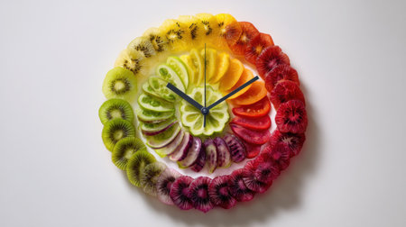This unique photo features an artistic clock made entirely of fresh fruits, showcasing a vibrant collection of slices. Perfect for healthy lifestyle promotion.の素材