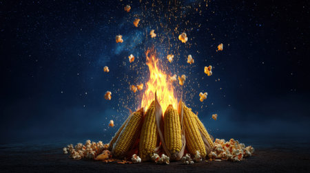 A striking image of corn cobs igniting in flames with popcorn bursting into the air, set against a starry night sky, capturing the essence of excitement and fun food.の素材