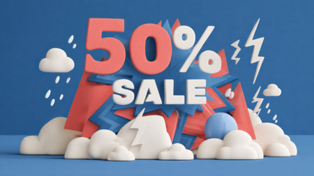Eye-catching 3D composition showcasing a bold 50% sale announcement surrounded by playful clouds and lightning elements, perfect for promotional use.の素材