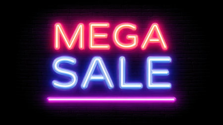 This vibrant neon sign showcases a mega sale event, perfect for attracting shoppers' attention. The bright colors pop against the dark background, enhancing the promotional impact.の素材