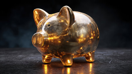 A stunning glass piggy bank illuminated from within, reflecting warmth and light against a dark background, symbolizing savings and financial success.の素材