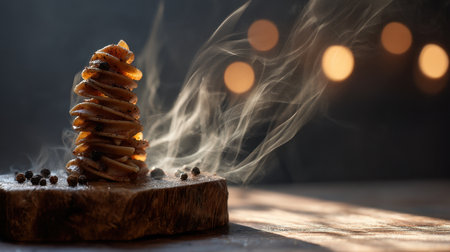 A captivating arrangement of spices stacked in a tower against a softly lit background with a warm bokeh effect, creating an inviting culinary atmosphere.の素材