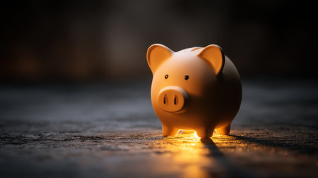 A charming piggy bank stands alone on a textured surface, illuminated by a warm glow, embodying the essence of saving and economic wisdom.の素材