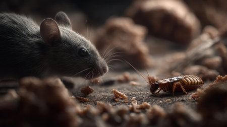 This image showcases an intriguing encounter between a mouse and a cockroach in a dimly lit setting, highlighting urban wildlife interaction.の素材