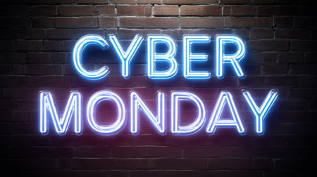 Vibrant neon sign showcasing "Cyber Monday" against a rustic brick wall, perfect for representing holiday promotions and online sales events.の素材