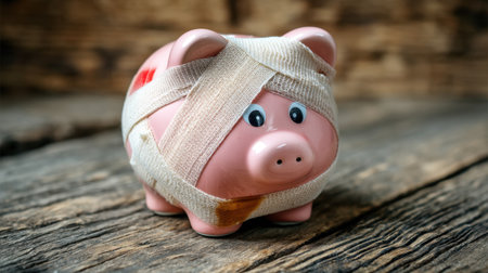 A piggy bank wrapped in bandages rests on a rustic wooden surface, symbolizing the impact of financial hardships and the journey to recovery.の素材