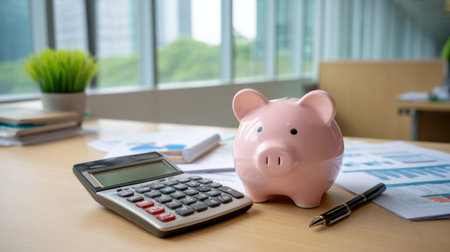 A piggy bank sits beside a calculator on an office desk filled with financial reports. This image captures the essence of budgeting and savings in a modern workspace.の素材