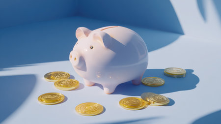 A charming piggy bank sits amidst vibrant gold coins, set against a soft blue backdrop, representing savings and financial growth concepts.の素材