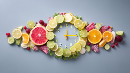 A visually striking composition featuring a clock made from assorted fresh fruits and vegetables. This image represents healthy living, time management, and vibrant nutrition in a creative way.の素材