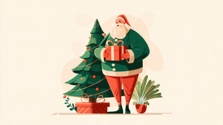 A cheerful Santa Claus in a green suit stands next to a decorated Christmas tree, holding a gift. This colorful illustration captures the joy and spirit of the festive season.の素材