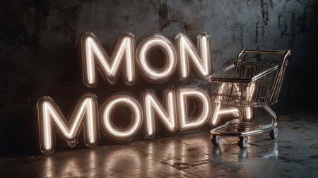A captivating neon sign reading "Mon Monday" illuminated against a dark rustic background, paired with a metallic shopping cart, perfect for retail and promotional themes.の素材