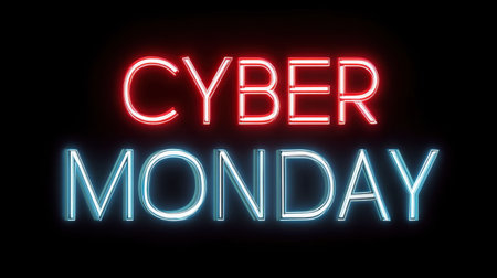 Vibrant neon sign featuring "Cyber Monday" in striking blue and red colors, ideal for promotions and sales during the holiday shopping season.の素材