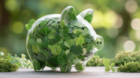 This intriguing image showcases a transparent piggy bank filled with vibrant green leaves, representing eco-friendly savings and growth.の素材