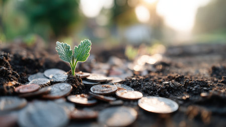 A fresh plant sprouts from a pile of coins in rich soil, symbolizing the balance of wealth and nature, reflecting growth and sustainability in modern economy.の素材