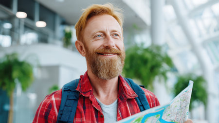 A cheerful man holds a detailed map, ready for his travel adventure in a bright, modern lobby filled with vibrant greenery.の素材