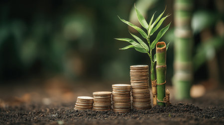 A visually striking image showing the concept of financial growth, with a plant emerging from a stack of coins on rich soil, symbolizing investment and prosperity in a natural setting.の素材