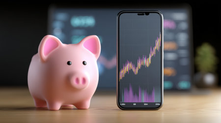 A piggy bank sits beside a smartphone displaying a financial chart, representing the importance of saving, investing, and financial planning in today's digital age.の素材