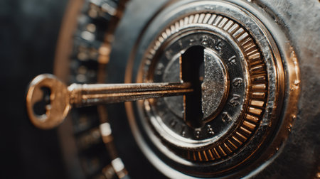 This close-up image captures an antique safe lock and key, showcasing intricate details of the security mechanism, emphasizing protection and privacy.の素材