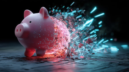 A piggy bank disintegrating into vibrant digital shards symbolizes the intersection of finance and technology, reflecting modern economic challenges.の素材