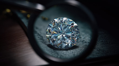 Discover a stunning round brilliant cut diamond magnified to reveal its exquisite clarity and dazzling reflections in rich colors.の素材