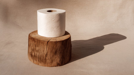 This image features a roll of white toilet paper elegantly positioned on a rustic wooden stand. The soft beige background enhances the simplicity and minimalism of the scene, perfect for household and lifestyle concepts.の素材