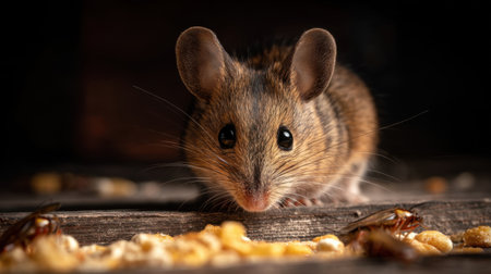 This detailed close-up features a brown field mouse examining food crumbs on a wooden surface, emphasizing its large ears and expressive eyes.の素材
