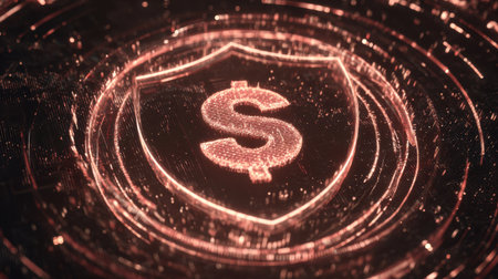 This abstract digital illustration features a glowing shield symbol with a dollar sign at its center, representing finance and security in a modern context.の素材