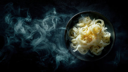 A visually captivating image showcasing a bowl of noodles with steam swirling above against a dark background, perfect for culinary themes.の素材