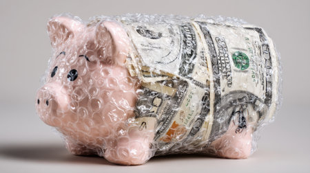 A piggy bank covered in bubble wrap holds dollar bills, symbolizing security and protection for personal savings and investments amidst financial uncertainty.の素材