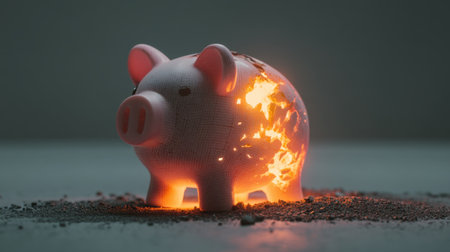 A captivating image of a piggy bank with glowing fire effects emerging from within, representing financial loss, risk, and the fragility of savings.の素材