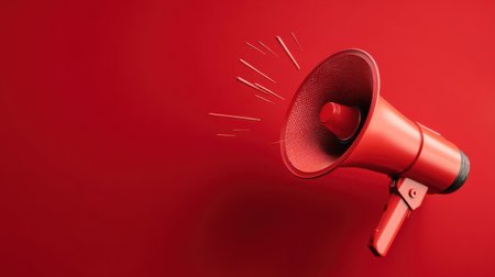 A striking red megaphone stands out against a matching bold red background, symbolizing communication, influence, and attention in design.の素材