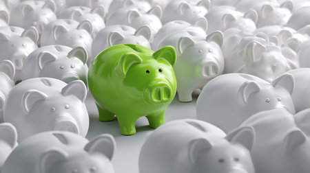 A vivid green piggy bank is strategically placed among white piggy banks, illustrating the importance of savings and financial growth in a creative way.の素材