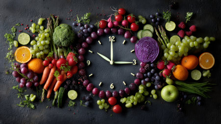 Stunning display of assorted fruits and vegetables artistically arranged to resemble a clock, showcasing freshness and vibrant colors against a dark stone background.の素材