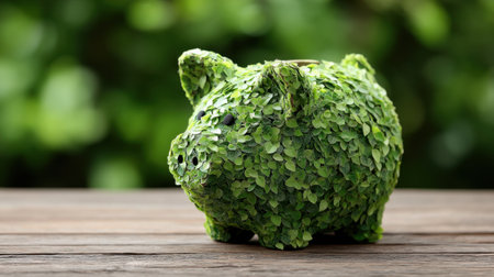 A unique piggy bank made of vibrant green leaves, representing eco-friendly savings and sustainable financial awareness in a natural setting.の素材