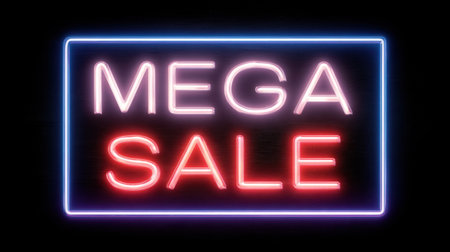 This vibrant neon sign displays a "Mega Sale" announcement in bright colors, perfect for attracting attention and conveying excitement for special offers.の素材